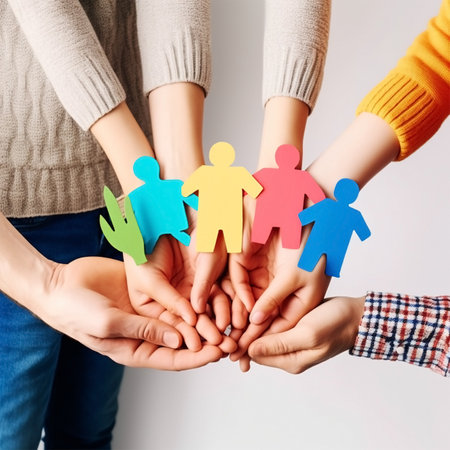 close up of group of people hands holding paper cutout of family person. illustration. Generative AIの素材