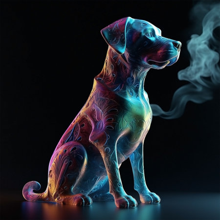 The ephemeral sapphire smoke takes the shape of a Dog figure, 3D anaglyph effect, translucent, surreal, shimmering highlights, realistic figures. Generative Aiの素材