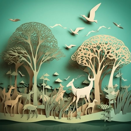 Paper cut style landscape with animals and birds. World Environment Day World Conservation Day Earth Day. Generative Aiの素材