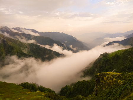 Mountain landscape with fog in the morning. Himachal Pradesh, India.の写真素材