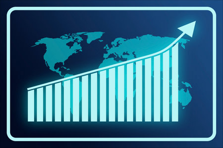 Business graph with growing rising arrow and world map on blue background. Business Concept. vector illustrationのイラスト素材