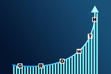 Business success growing growth increase up concept. Business graph on blue gradient background with word GROWTH and copy space for your textのイラスト素材