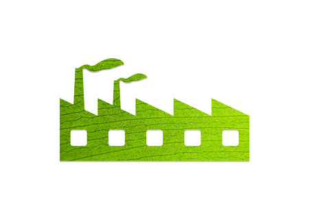 Eco friendly Green industry concept. illustration of green factory icon isolated on white background. Green leaf Shape of Eco Factory. Ecology conceptの写真素材