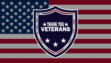 Thank you Veterans. American holiday banner. Template for background, banner, card, poster with text inscription. Usa flag on background. Stars. Vector illustration.のイラスト素材