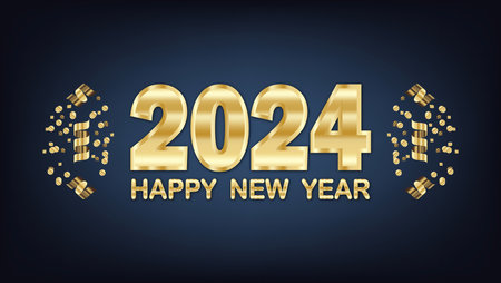 2024 Happy New Year. Greeting card with golden text. illustration.