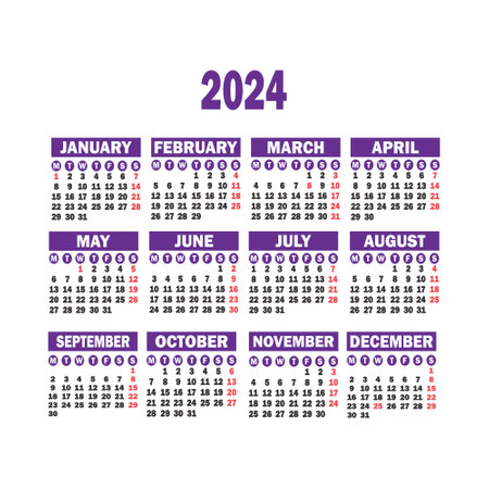 Simple Calendar for 2024 year. Week starts from Monday. Vector Illustrationのイラスト素材