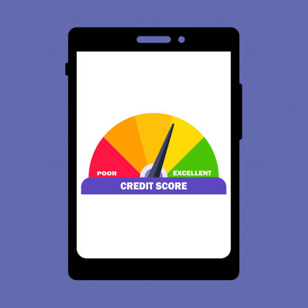 Credit score concept. Mobile phone with credit score meter. Measurement from poor to excellent rating for credit or mortgage loans concept flat style design vector illustration.のイラスト素材