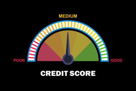 Credit score concept. Vector illustration of credit score meter with arrow. Loan rating scale with levels from poor to Goodのイラスト素材
