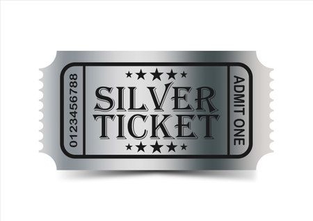 Silver ticket with stars and the inscription "Admit one. Realistic vector illustration.のイラスト素材