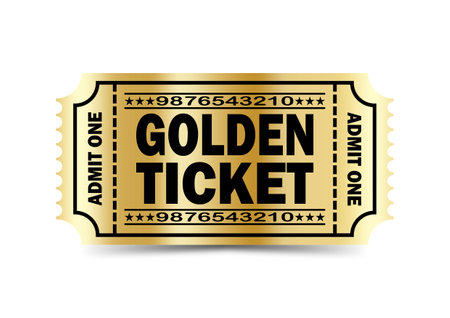 Realistic Golden ticket. Golden luxury and vintage theme. Isolated design. Vector illustrationのイラスト素材