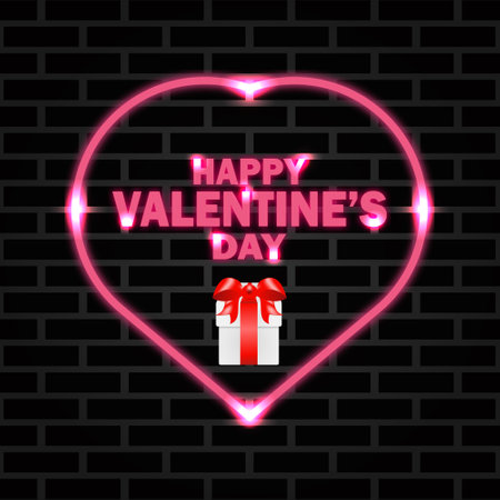 Happy Valentine's day greeting card with heart and gift box. Vector neon sign. Abstract background with bright pink vector neon heartのイラスト素材