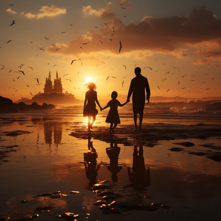 Happy family jumping together on the beautiful beach in holiday. Silhouette of the family holding hands enjoying the dramatic sunset on the beachの素材
