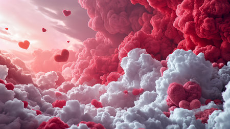 Beautiful 3D white clouds with white and red hearts frame on pink modern background for valentines Dayの素材