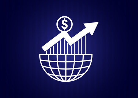 Global increase money growth icon graph with world map and dollar symbol on a blue background. Vector illustrationのイラスト素材