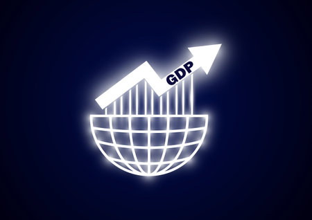 GDP business concept. Globe with GDP" Gross domestic product growth arrow on dark blue background. Vector illustration.のイラスト素材