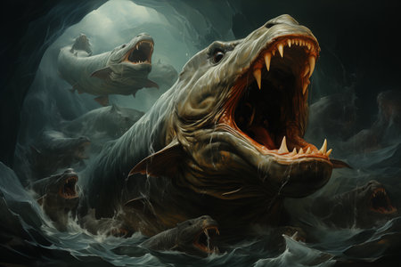 Above the waves of the sea, a Babula is eating a fish with his mouth in his mouthの素材