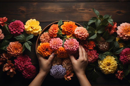 Top view of hands holding flower to plant with gardening tools on wooden backgroundの素材