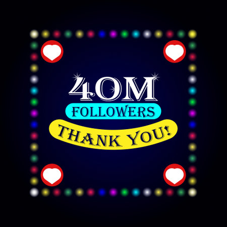 40M followers thank you greeting card with colorful lights on dark background. Colorful design for social network, social media post background template.のイラスト素材