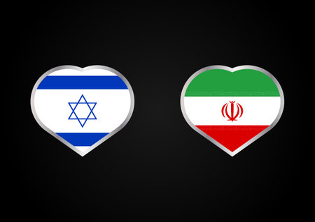 Israel vs Iran war. Israel vs Iran hearts concept flags on black background. Iran and Israel political conflict, economy, war crisis, relationship, trade concept. Jews vs Muslims war.のイラスト素材