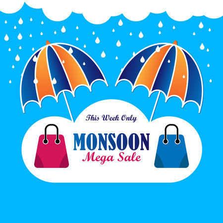monsoon mega sale banner with rain background and umbrella and shopping bags. Vector illustration.のイラスト素材