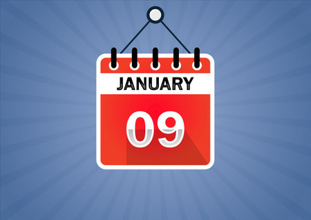 January 09, Calendar hanging sign. 9th days of the month, modern illustration. Date day of week Sunday, Monday, Tuesday, Wednesday, Thursday, Friday, Saturday. Flat styleのイラスト素材