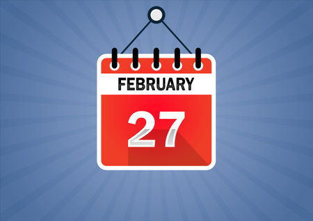 February 27, Calendar hanging sign. 27th days of the month, modern illustration. Date day of week Sunday, Monday, Tuesday, Wednesday, Thursday, Friday, Saturday. Flat styleのイラスト素材