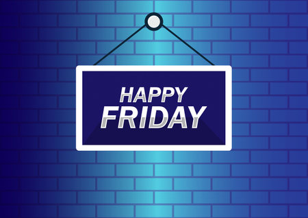 Happy Friday hanging sign banner on brick wall background. Greeting text of Happy Friday, typography composition. Vector illustration for your designのイラスト素材