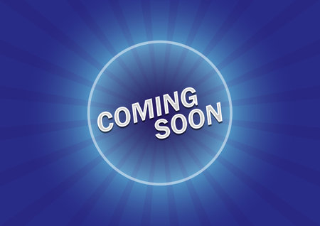 Coming soon text on blue sunburst background. Business concept for coming soon event or promotion announcement.のイラスト素材