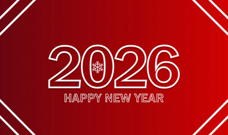 Happy New Year 2026 greeting card, banner, poster.. Red background. Vector illustration.