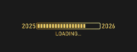 Loading progress bar of 2025, 2026. Golden loading bar on black background. Vector illustration.