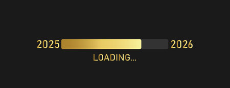 Golden loading progress bar of 2025, 2026 happy new year isolated on black background. New year...
