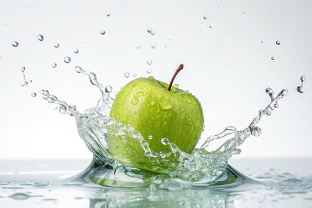 Green Apple Splashing in Water â Fresh Fruit with Droplets on White Backgroundの素材