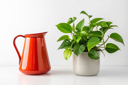Modern Red Watering Can and Green Potted Plant for Indoor Garden Decorの素材