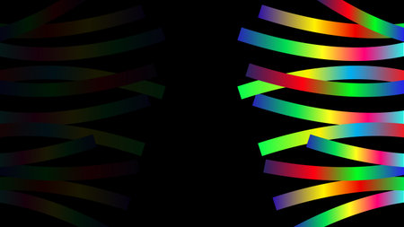 Abstract Background with Color Ribbons. Rainbow Ribbon Waves. Abstract Gradient Line Flow on Black. Fun Wavy Dynamic Shapesのイラスト素材
