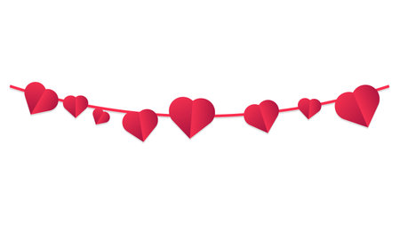 Red Heart Garland. Romantic Hanging Decoration on Black Background for Love-Themed Celebrationsのイラスト素材