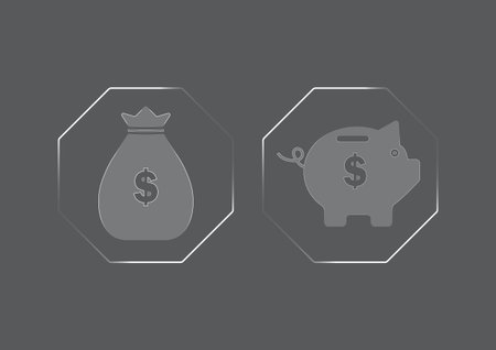 A transparent financial icon set featuring a money bag and piggy bank inside octagonal frames, displayed on a dark checkered background for easy overlay in finance apps, budget tools, savings graphicsのイラスト素材