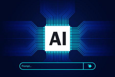 AI chip interface concept with prompt search bar and futuristic digital circuit background. Vector...