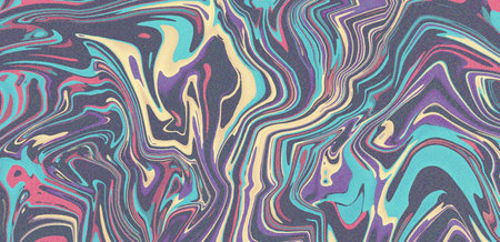 Vibrant multicolor abstract marble swirl background with layered fluid. Noise and grain texture on a...