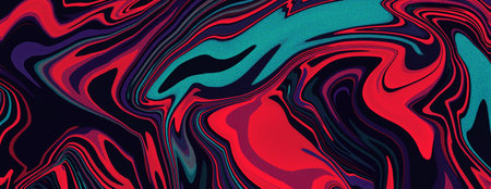 High contrast red and teal abstract marble swirl background on dark texture. Noise and grain texture...