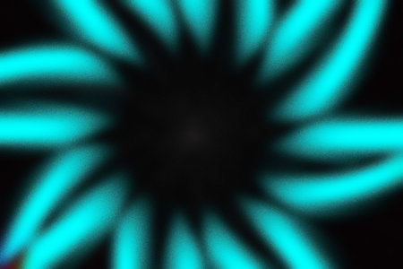 Abstract Neon Cyan Flower Shape on Black Background with Radial Glow Effect. Noise Texture Grainy...