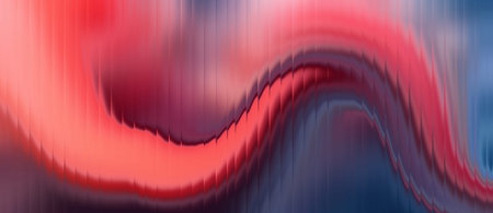 Abstract glass ripple waves with red coral gradient background and flowing light streaks. Futuristic distortion texture with vertical blur lines and vibrant luminous motionの写真素材