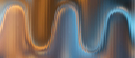 Abstract glass ripple waves with blue and golden gradient background and glowing light streaks. Futuristic distortion texture with vertical blur lines and vibrant luminous motionの写真素材