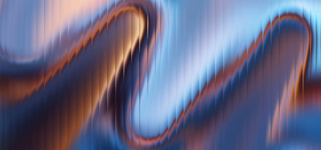 Abstract glass ripple waves with blue gradient background and glowing orange light streaks....