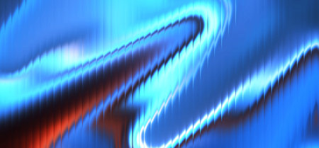 Abstract glowing glass ripple waves with electric blue gradient background and red light streaks. Futuristic distortion texture with vertical blur lines and vibrant neon glowの写真素材