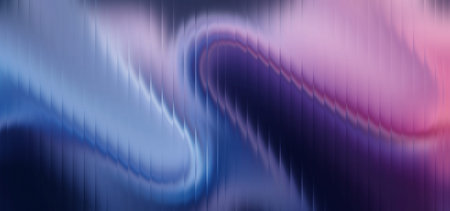Abstract glass ripple waves with blue purple gradient background and glowing pink light streaks. Futuristic distortion texture with vertical blur lines and vibrant neon glowの写真素材