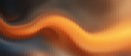 Abstract glowing glass ripple waves with warm orange gradient background and flowing light streaks. Futuristic distortion texture with vertical blur lines and luminous motionの写真素材