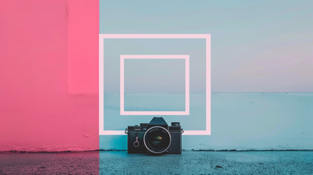 Retro camera against pink and blue background with vignette frameの素材