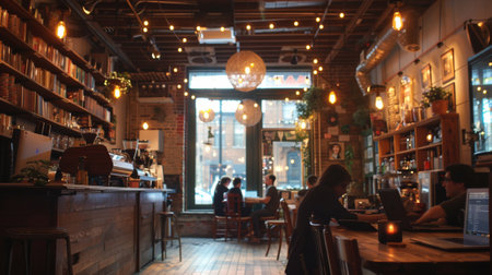 Coffee shop interior with people on background, shallow depth of fieldの素材