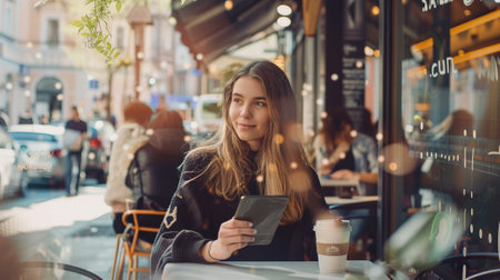 Beautiful young woman sitting in a cafe and using a tablet.の素材