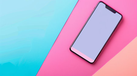 Smartphone with blank screen on blue and pink pastel background.の素材